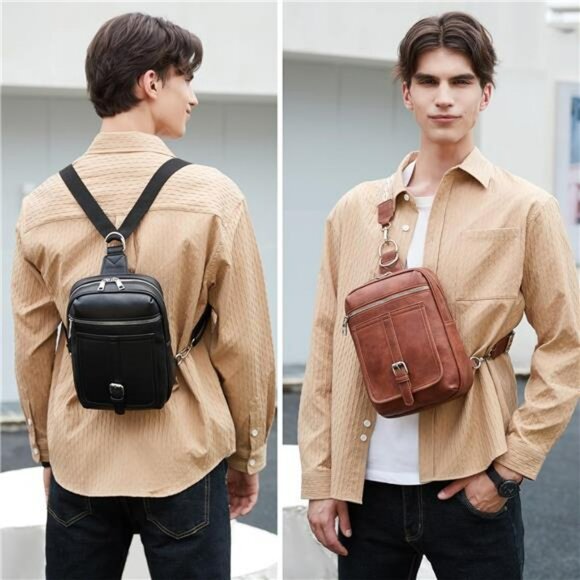 Leather Sling Crossbody Backpack Fanny Pack Purse Travel Bag with Straps - Picture 2 of 7